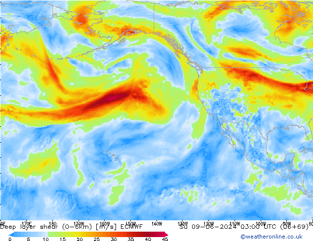 Deep layer shear (0-6km) ECMWF Su 09.06.2024 03 UTC