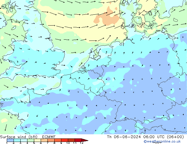 Vento 10 m (bft) ECMWF gio 06.06.2024 06 UTC