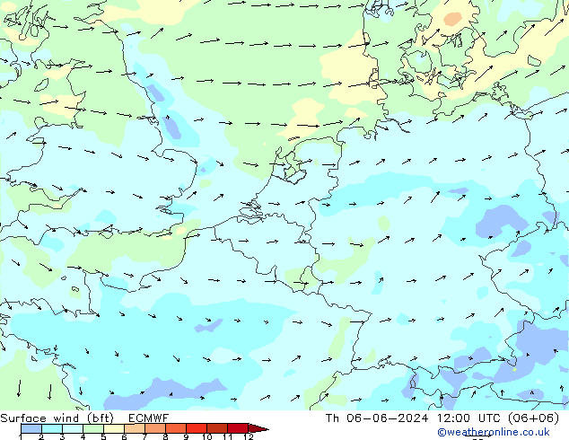 Vento 10 m (bft) ECMWF gio 06.06.2024 12 UTC