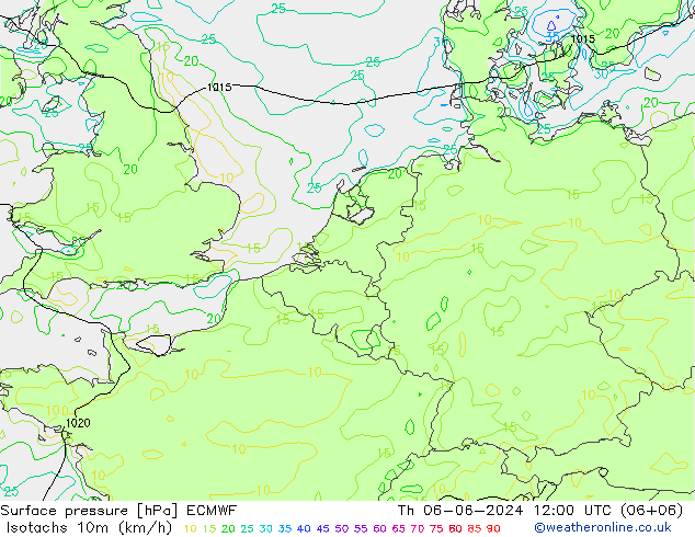 Isotachs (kph) ECMWF Čt 06.06.2024 12 UTC