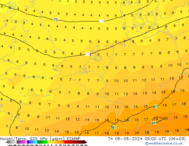 Height/Temp. 925 гПа ECMWF чт 06.06.2024 09 UTC