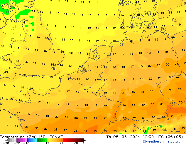 mapa temperatury (2m) ECMWF czw. 06.06.2024 12 UTC