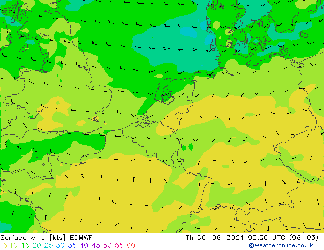 Vento 10 m ECMWF gio 06.06.2024 09 UTC