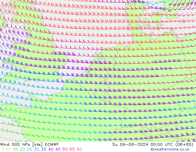 Wind 500 hPa ECMWF Su 09.06.2024 00 UTC