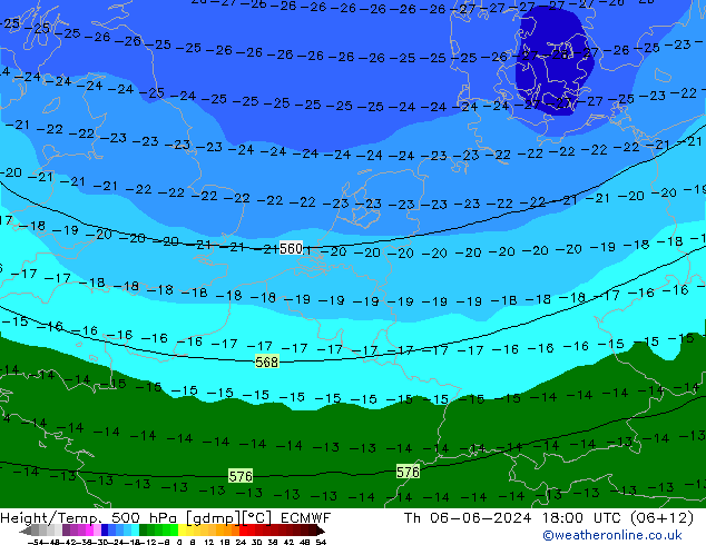 Z500/Rain (+SLP)/Z850 ECMWF Čt 06.06.2024 18 UTC