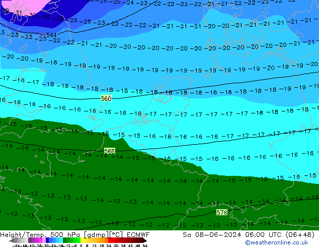 Height/Temp. 500 hPa ECMWF sab 08.06.2024 06 UTC