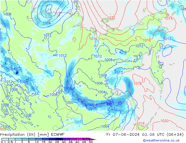 Precipitation (6h) ECMWF Pá 07.06.2024 06 UTC