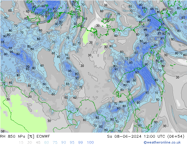 RH 850 hPa ECMWF sab 08.06.2024 12 UTC