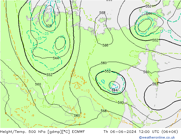 Z500/Rain (+SLP)/Z850 ECMWF czw. 06.06.2024 12 UTC