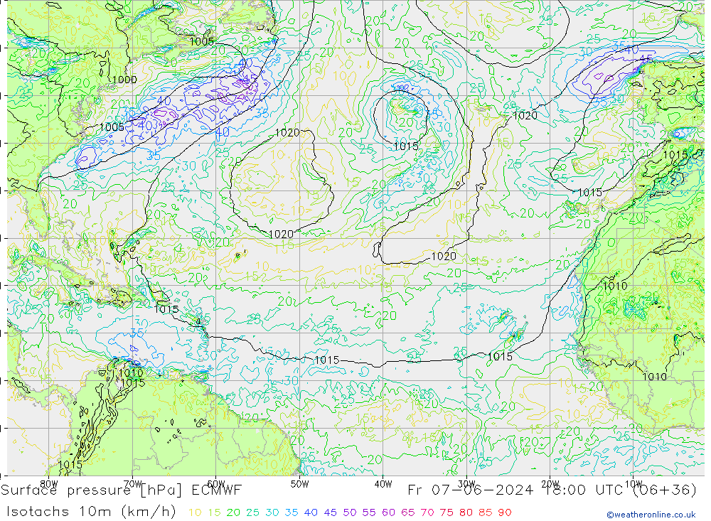 Isotachs (kph) ECMWF ven 07.06.2024 18 UTC