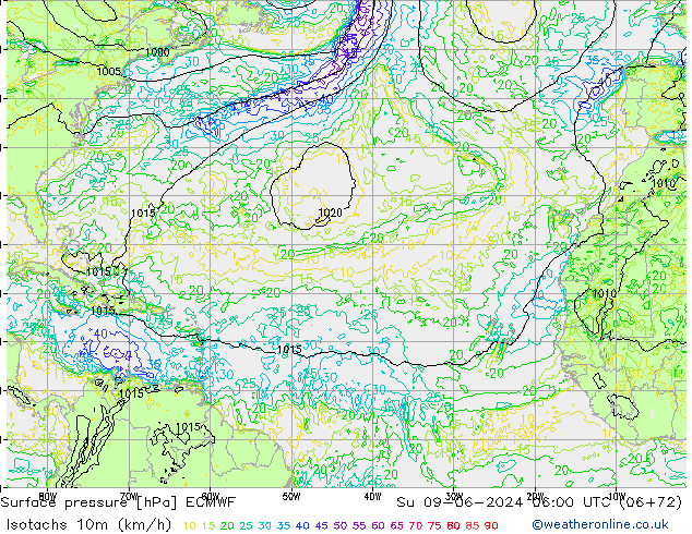 Isotachs (kph) ECMWF Вс 09.06.2024 06 UTC