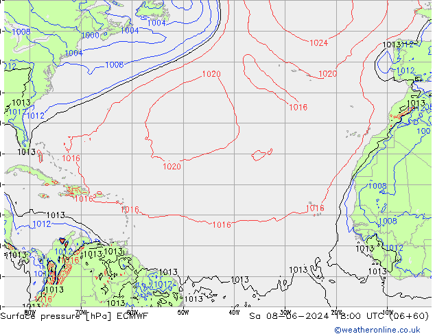 Presión superficial ECMWF sáb 08.06.2024 18 UTC