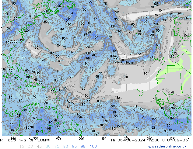 Humedad rel. 850hPa ECMWF jue 06.06.2024 12 UTC