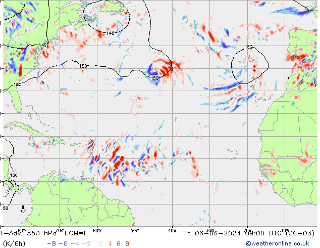 T-Adv. 850 hPa ECMWF jue 06.06.2024 09 UTC