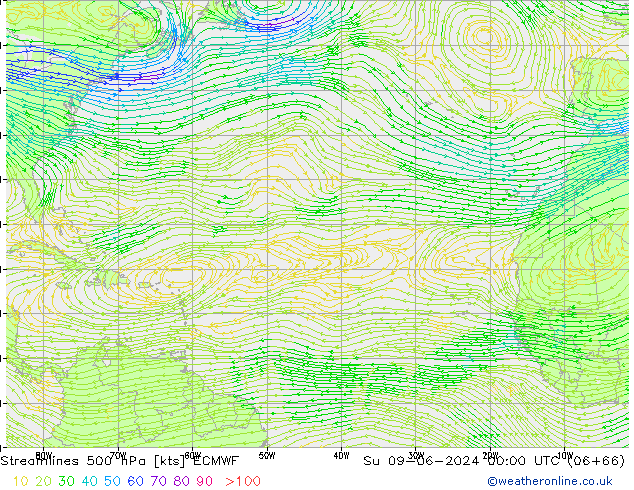 Streamlines 500 hPa ECMWF Su 09.06.2024 00 UTC