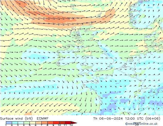 wiatr 10 m (bft) ECMWF czw. 06.06.2024 12 UTC