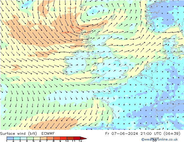 Vento 10 m (bft) ECMWF Sex 07.06.2024 21 UTC