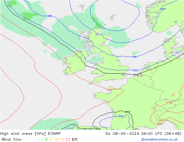 High wind areas ECMWF сб 08.06.2024 06 UTC