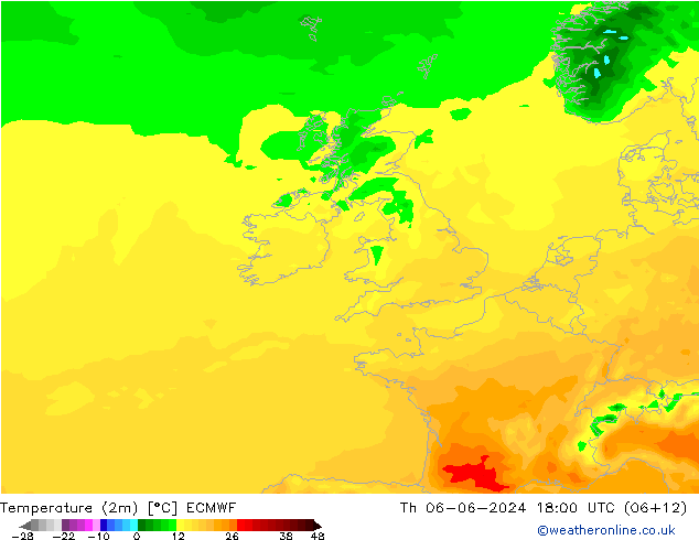 Temperatuurkaart (2m) ECMWF do 06.06.2024 18 UTC