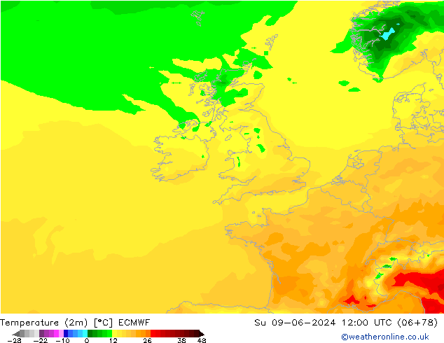 mapa temperatury (2m) ECMWF nie. 09.06.2024 12 UTC