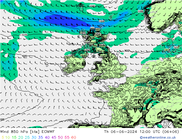 wiatr 850 hPa ECMWF czw. 06.06.2024 12 UTC