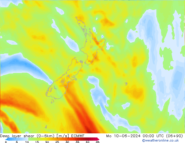 Deep layer shear (0-6km) ECMWF lun 10.06.2024 00 UTC