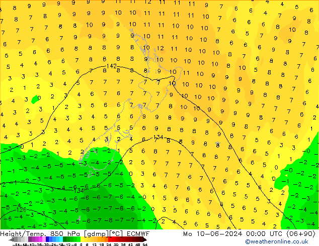 Géop./Temp. 850 hPa ECMWF lun 10.06.2024 00 UTC