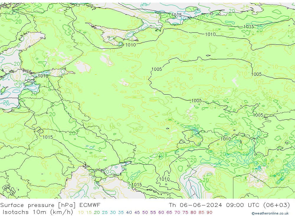 Izotacha (km/godz) ECMWF czw. 06.06.2024 09 UTC