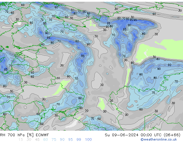 RH 700 гПа ECMWF Вс 09.06.2024 00 UTC