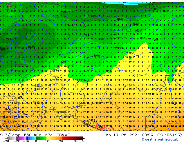 SLP/Temp. 850 hPa ECMWF Mo 10.06.2024 00 UTC