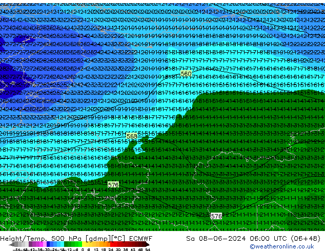 Z500/Rain (+SLP)/Z850 ECMWF Sa 08.06.2024 06 UTC