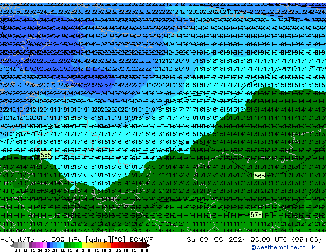 Z500/Rain (+SLP)/Z850 ECMWF Вс 09.06.2024 00 UTC