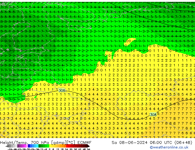 Yükseklik/Sıc. 700 hPa ECMWF Cts 08.06.2024 06 UTC