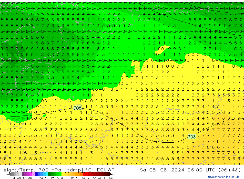 Height/Temp. 700 hPa ECMWF Sáb 08.06.2024 06 UTC