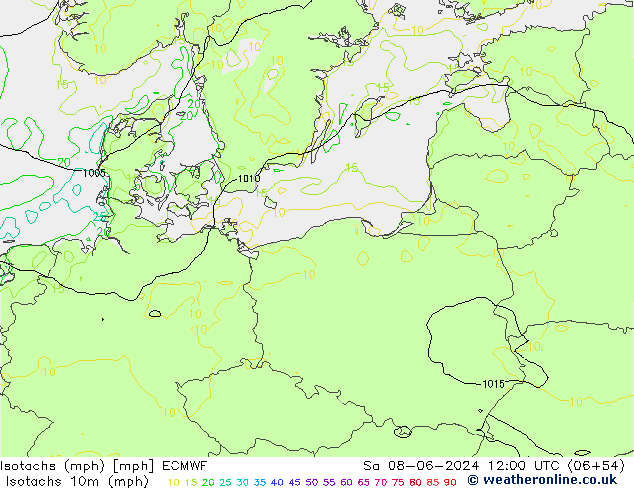 Isotachen (mph) ECMWF za 08.06.2024 12 UTC