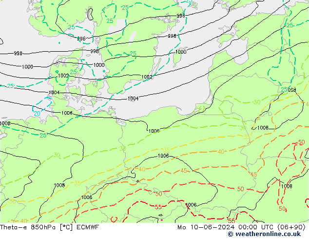 Theta-e 850hPa ECMWF ma 10.06.2024 00 UTC