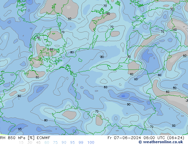 RH 850 гПа ECMWF пт 07.06.2024 06 UTC