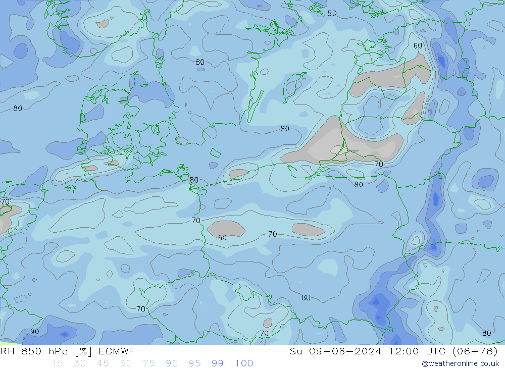 RH 850 hPa ECMWF dom 09.06.2024 12 UTC