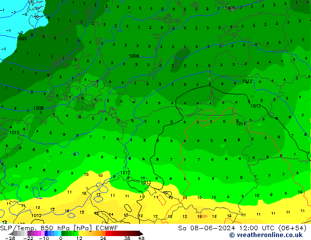 SLP/Temp. 850 hPa ECMWF za 08.06.2024 12 UTC