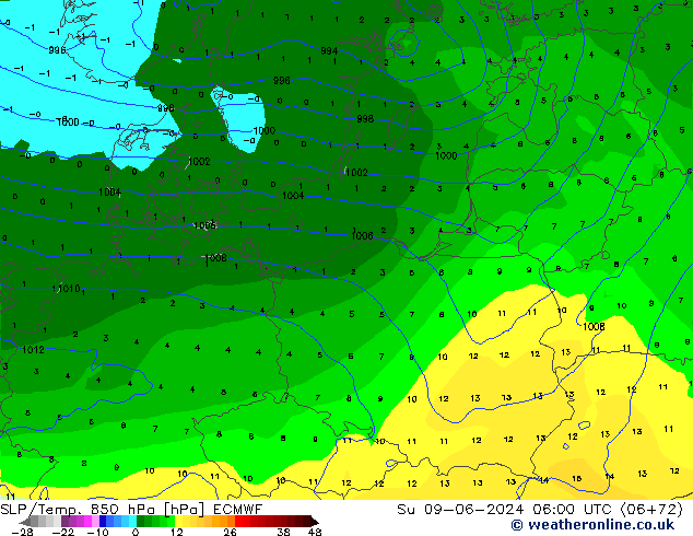 SLP/Temp. 850 hPa ECMWF Ne 09.06.2024 06 UTC