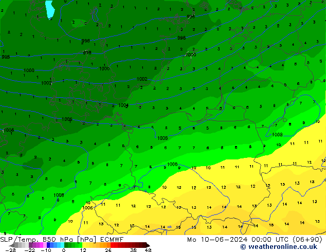 SLP/Temp. 850 hPa ECMWF Mo 10.06.2024 00 UTC