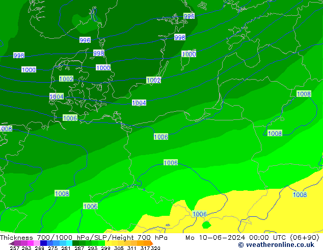 Dikte700-1000 hPa ECMWF ma 10.06.2024 00 UTC