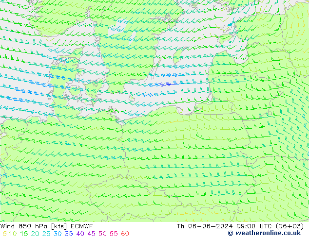 Wind 850 hPa ECMWF Čt 06.06.2024 09 UTC