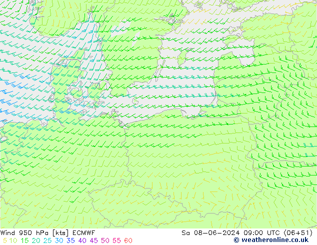 Wind 950 hPa ECMWF Sa 08.06.2024 09 UTC