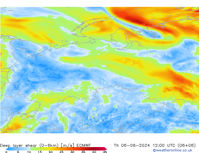 Deep layer shear (0-6km) ECMWF чт 06.06.2024 12 UTC