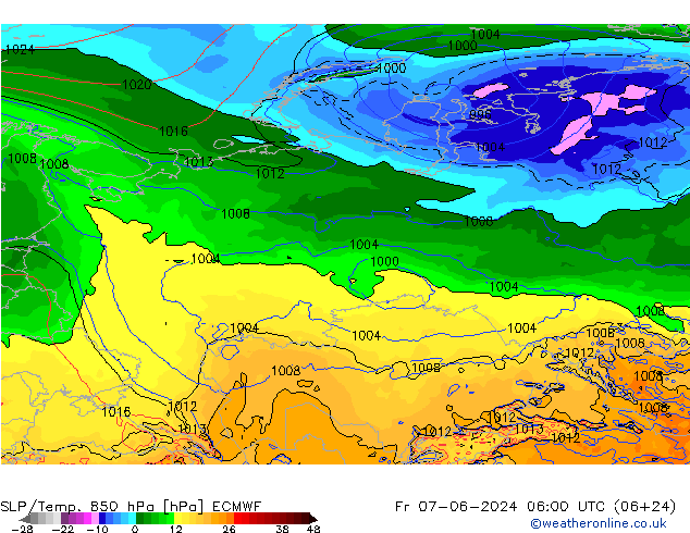 SLP/Temp. 850 hPa ECMWF Sex 07.06.2024 06 UTC