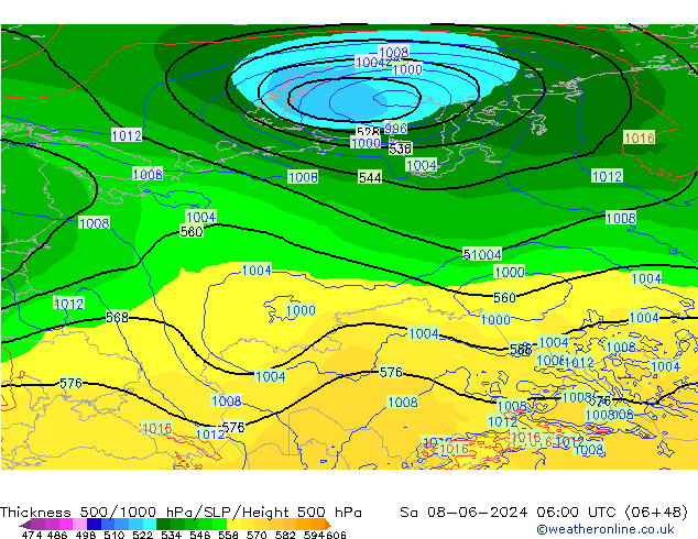 Espesor 500-1000 hPa ECMWF sáb 08.06.2024 06 UTC