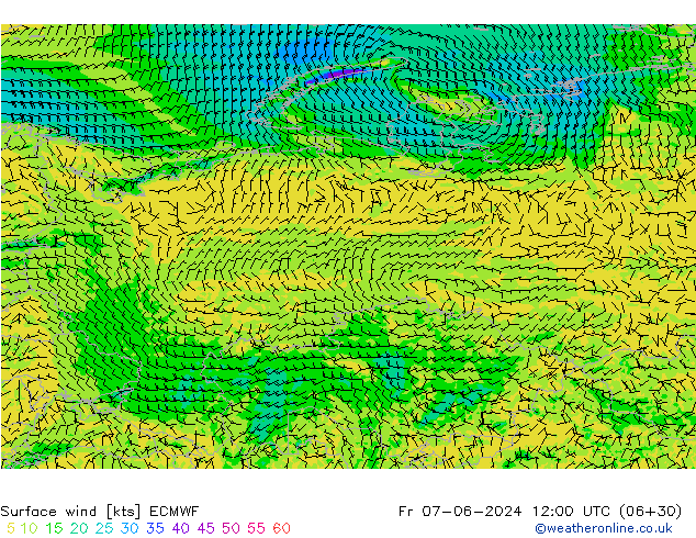 wiatr 10 m ECMWF pt. 07.06.2024 12 UTC