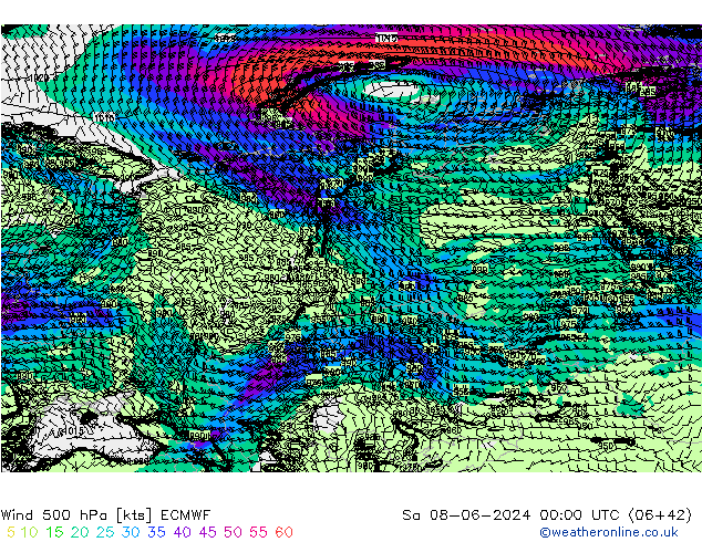 Vento 500 hPa ECMWF sab 08.06.2024 00 UTC