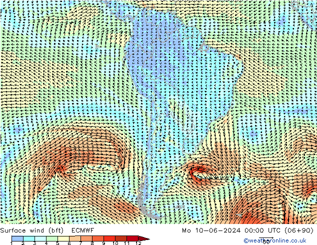 ве�Bе�@ 10 m (bft) ECMWF пн 10.06.2024 00 UTC